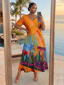 SHEIN Lady CURVE Plus Size Women Casual Minimalist V-Neck Short Sleeve Dress, Suitable For Summer Elegant Vacation - Orange - View 5