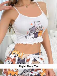 DUSKBASE Pijama con Top estampada con gatos de dibujos animados en estilo Y2K para mujer - Blanco - Ver 5
