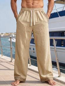 VENTUSAIL Pantalones casuales versátiles de uso diario para hombre, unicolor, cintura con cordón, bolsillos, para vacaciones - Caqui - Ver 5