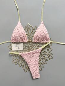 Swim Mod 女款 26 春夏新款 黃色向日葵布料搭配藍色小格紋雙面布料 V 領露背三角比基尼褲子 鉚釘裝飾兩件套 性感甜美海灘度假風 - 粉色 - 查看 3