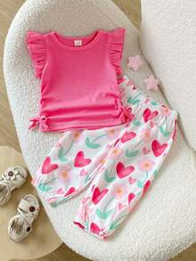 SHEIN Playful Pals 2件組女嬰幼兒羅紋圓領荷葉袖短袖T恤與圖案長褲套裝，女嬰服飾，嬰兒上衣，派對、度假、花卉、田園風，適合夏季 - 粉色 - 查看 3