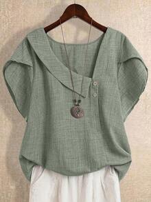 Linhara Plus Size Women Solid Color Asymmetric Collar Petal Short Sleeve Casual Shirt - Green - View 1