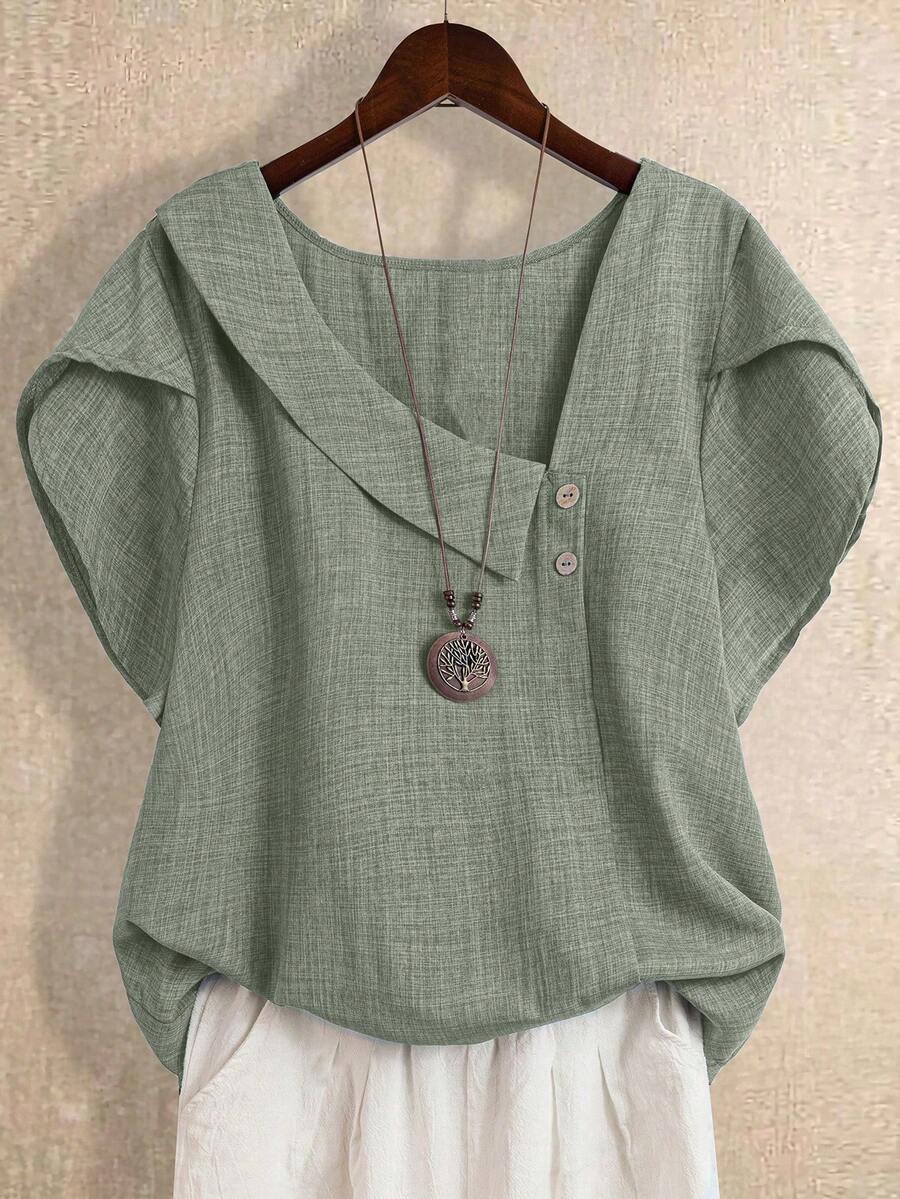 Linhara Plus Size Women Solid Color Asymmetric Collar Petal Short Sleeve Casual Shirt - Green - View 1