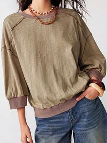 Bohemela 休閒針織配色拼接圓領水洗寬鬆女款 3/4 袖 T-shirt 夏季上衣 春夏嘉年華女裝服飾 - 卡其色 - 查看 3