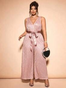 Cravure Damen Große Größen Neuer eleganter Party-Jumpsuit mit Fransen, V-Ausschnitt, Schleife, Rückenausschnitt, Frühling/Sommer - Pink - Übersicht 5