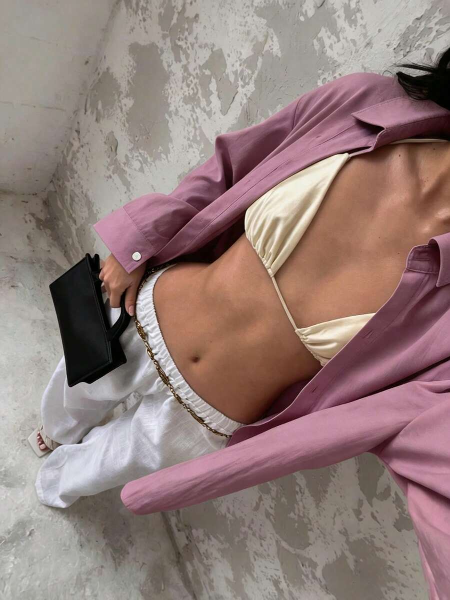 Glamine 女士纯色休闲单排扣宽松长袖衬衫 - 中紫紅色 - 查看 1
