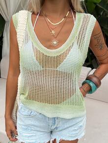 Livesso Women's Solid Color Hollow Out Casual Vacation Cover-Up Top Summer Beach Outfits - Green - View 6