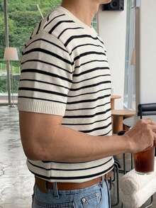 DAZY Men's Summer Half-Button Striped Apricot Knit Top - Multicolor - View 6