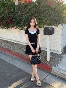 SHEIN MOD Women's Casual Drawstring Waist Bowknot Ruffle Lace Fabric Double Layer Skirt, Suitable For Daily Wear Chic Dress - Black - View 10