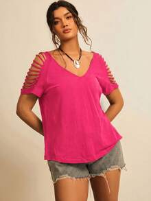 Freevana Plus Size Women's Solid Color Casual Versatile Everyday T-Shirt - Hot Pink - View 3