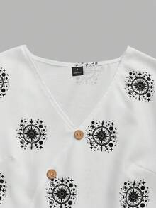 EMERY ROSE Standard Size Women's Retro Pattern Placement Print V-Neck Coconut Button Pocket 3/4 Sleeve Top + Straight Leg Pants 2 Pieces Set Black And White Black - Black and White - View 6