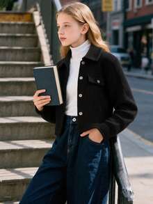 Girls' Solid Color Versatile Minimalist Casual Autumn/Winter Turn-Up Collar Jacket Coat - Black - View 6