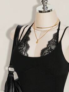 SHEIN ICON Women's Summer Sexy Lace Patchwork Backless Halter Neck Fitted Mini Dress - Black - View 5