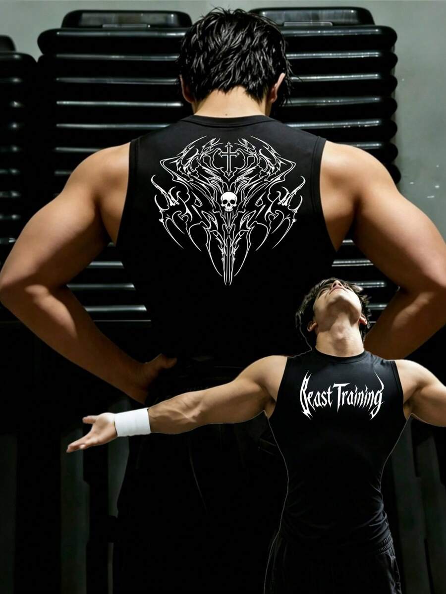 GymBeat 男士圓領字母骷髏印花休閒百搭日常旅行運動背心,健身房適用 - 黑色 - View 1