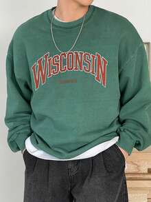 DAZY Autumn/Winter Thickened Letter Print Military Green Crew Neck Men's Pullover Sweatshirt - Green - View 9