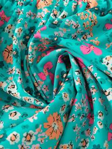 Linhara Square Neck Puff Sleeve Vintage Ditsy Floral Cinched Waist Plus Size Shirt - Green - View 6