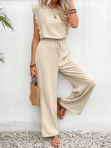 SHEIN Frenchy 女款無袖短版蕾絲上衣紋理面料兩件套 - 杏色 - 查看 6