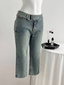 Elamini Fashionable Retro Washed Low-Waist Slim Fit Capri Denim Jeans - Dark Wash - View 1