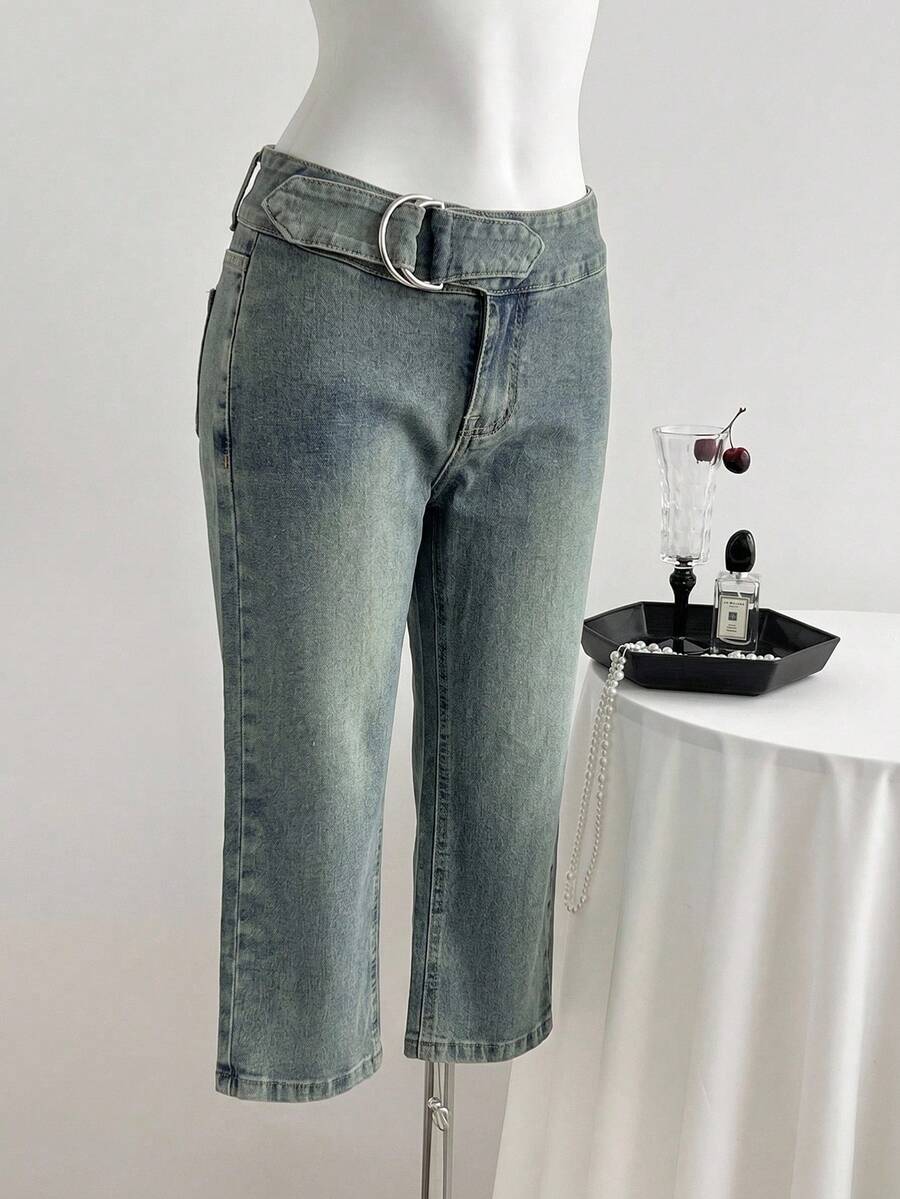 Elamini Fashionable Retro Washed Low-Waist Slim Fit Capri Denim Jeans - Dark Wash - View 1