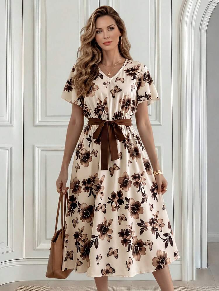 Women's Floral Print V-Neck Short Sleeve Elegant Dress,Summer Dress,Going Out Dress,Holiday Outfits For Women,Floral Dresses For Women