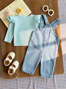 SHEIN Vintaside Kids 嬰幼兒男女通用 0-3 歲 春/秋 紫色甜美風花卉刺繡裝飾牛仔長褲、圓領長袖套頭上衣搭配牛仔吊帶褲套裝，適合外出、購物與休閒穿著 - 藍色 - 查看 2
