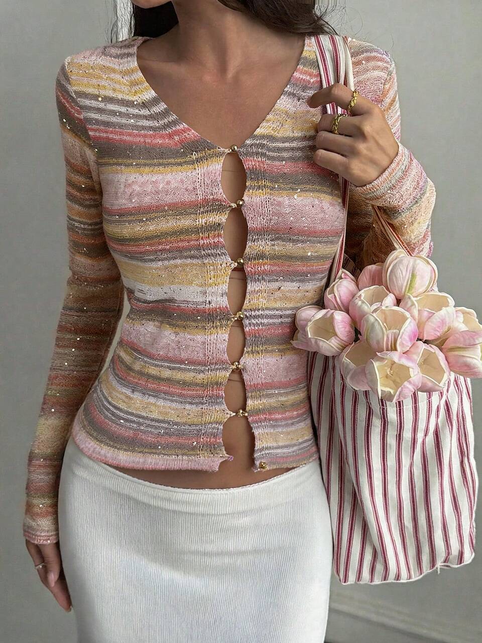 Rainbow Striped Fitted Waist Long Sleeve V-Neck Casual Vacation Summer Thin Knit Cardigan For Women Y2K School
