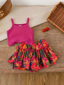 SHEIN LMoss Kids 女嬰針織素色吊帶上衣與碎花短褲兩件套 - 玫紅色 - 查看 5