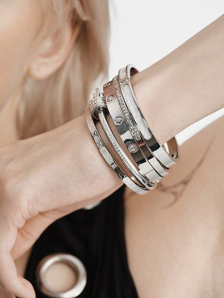 MortiRose 5pcs/Set Minimalist Elegant Luxury Sparkling Star Bangle Bracelets, High-End Titanium Steel Bracelets For Women - Silver 1 - View 1
