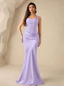 Coutiva Women's Solid Color Pleated Elegant Waist-Defining Evening Gown Dress - Purple - View 4