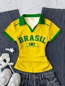 限時優惠：買一送一，復古時尚綠色字母BRAZIL、鮮豔陽光黃、金色星芒、黃金海岸、對比領條紋運動風，青少年女孩皇家藍白色領針織休閒對比色拼接修身腰部T恤上衣2件組 - 彩色 - 查看 2