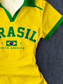 限時優惠：買一送一，復古時尚綠色字母BRAZIL、鮮豔陽光黃、金色星芒、黃金海岸、對比領條紋運動風，青少年女孩皇家藍白色領針織休閒對比色拼接修身腰部T恤上衣2件組 - 彩色 - 查看 8