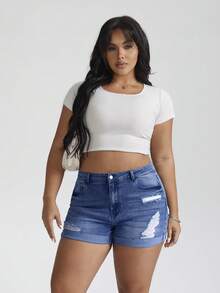 SHEIN CURVE+ Plus Size Summer Casual Washed Distressed Slim Fit Denim Shorts - Dark Wash - View 7