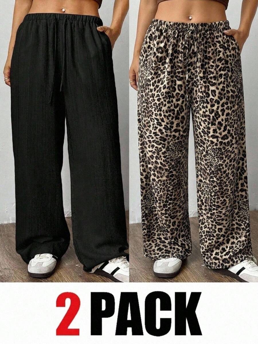SHEIN EZwear 2条/套 大码女式休闲系带阔腿裤 - 彩色 - 查看 1