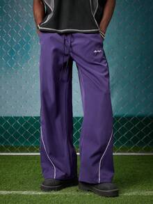 EVRINFINITE Men's Casual Color Block Drawstring Straight Leg Pants, Loose Fit Long Patchwork Black Straight Leg Sweatpants For Outdoor Football - Purple - View 5