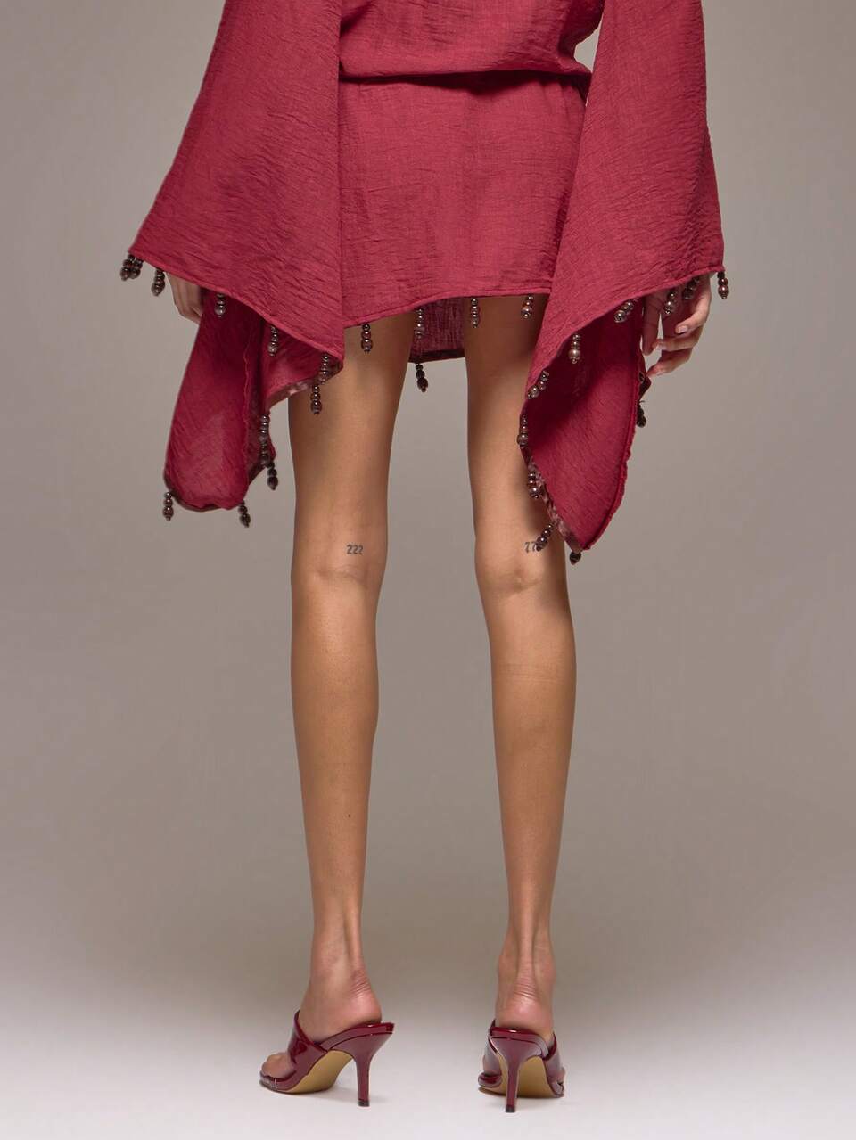 Red Low Rise Mini Beaded Skirt