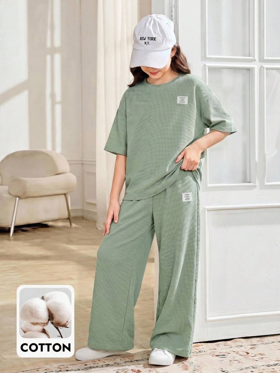 SHEIN 2pcs Tween Girls Solid Color Knit Crew Neck Casual T-Shirt And Leggings Set - Mint Green - View 1