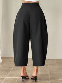 SHEIN PETITE Women's Solid Color Minimalist Casual Pants - Black - View 2