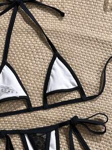 Swim SXY Lace Black Swimwear Set For Summer Holiday,High-Neck Triangle Bandage Two Pieces Combination,Valentine's Day Party Beach Party Pool Gathering - Black - View 7