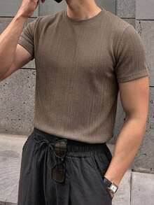 DAZY Summer Short Sleeve Khaki Crew Neck Men's T-Shirt - Khaki - View 5