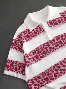 ROMWE MEN Men's Leopard Print Patchwork Striped Knit Top - Hot Pink - View 3