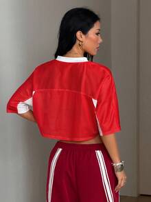 Coolane 女款夏季運動休閒街頭風復古透氣網眼數字圖案印花棒球短版T恤上衣 紅色 - 紅色 - 查看 2