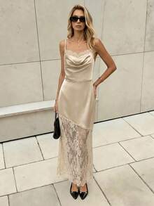 SHEIN PariChic 女款夏季服飾優雅洋裝 女款派對洋裝 優雅派對洋裝 夏季洋裝 蕾絲女款洋裝 光滑緞面不對稱夏季派對長洋裝 蕾絲拼接露背洋裝 - 杏色 - 查看 5