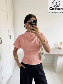 Firerie 夏季抓皺領非對稱袖側腰抓皺顯瘦通勤杏色粗麻布女款襯衫，四季皆宜 - 淺粉色 - View 4