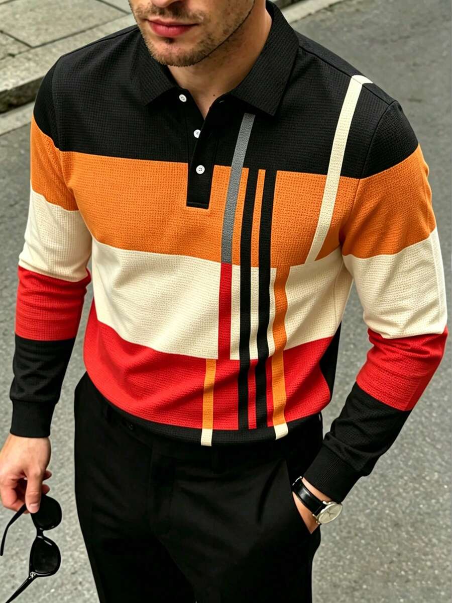 Manfinity Homme 男士撞色条纹图案 Polo 衫,秋季款,长袖上衣 - 橘色 - 查看 1