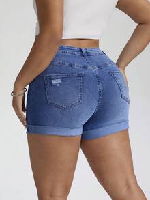 SHEIN CURVE+ Plus Size Summer Casual Washed Distressed Slim Fit Denim Shorts - Dark Wash - View 2