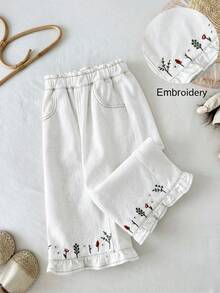 LMoss Kids Baby Girls' Floral Embroidery Loose Khaki Denim Pants - White - View 6