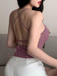 DAZY Áo camisole thiết kế tối giản, dây mảnh, hở lưng, có đệm mút tự nhiên. - Màu tím - Xem 8