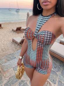 Slaydiva Women's Beach Vacation Vacation Bust Ruched Blue And Orange Polka Dot Print One-Piece Swimsuit, Music Festival, Cruise Trip, Beachwear Summer Tropical - Multicolor - View 3