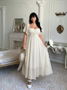 Lyrianda Đầm mùa hè nữ size lớn phong cách thường ngày đi nghỉ dưỡng lãng mạn họa tiết hoa nhí - Màu be - Xem 6