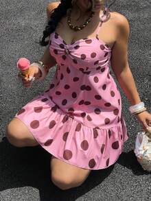 Sunnyshic Vestito a pois rosa stile francese vintage taglie forti, nuovo vestito estivo da spiaggia con arricciatura in vita e decorazione a spilla, decorazione a stelle marine, stile casual vacanziero, vestito corto a pois neri su base rosa taglie forti di moda - Rosa - Visualizzare 5